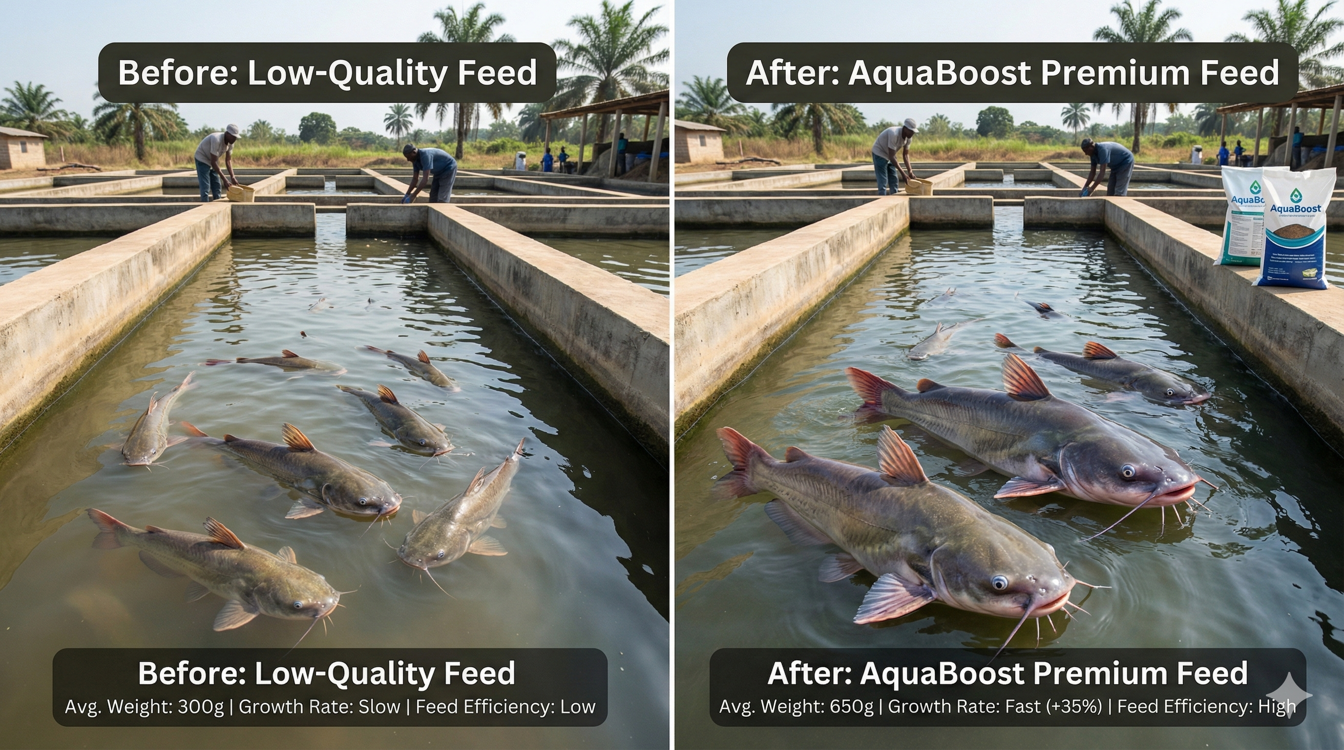 Before and after comparison showing catfish fed with traditional feed versus AquaBoost premium feed - demonstrating faster growth and healthier fish