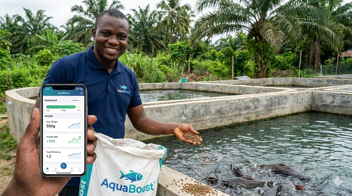 Feed & Track Growth - Feed your fish with premium AquaBoost pellets and watch them thrive. Use our app to track pond performance, feed consumption, and revenue growth.
