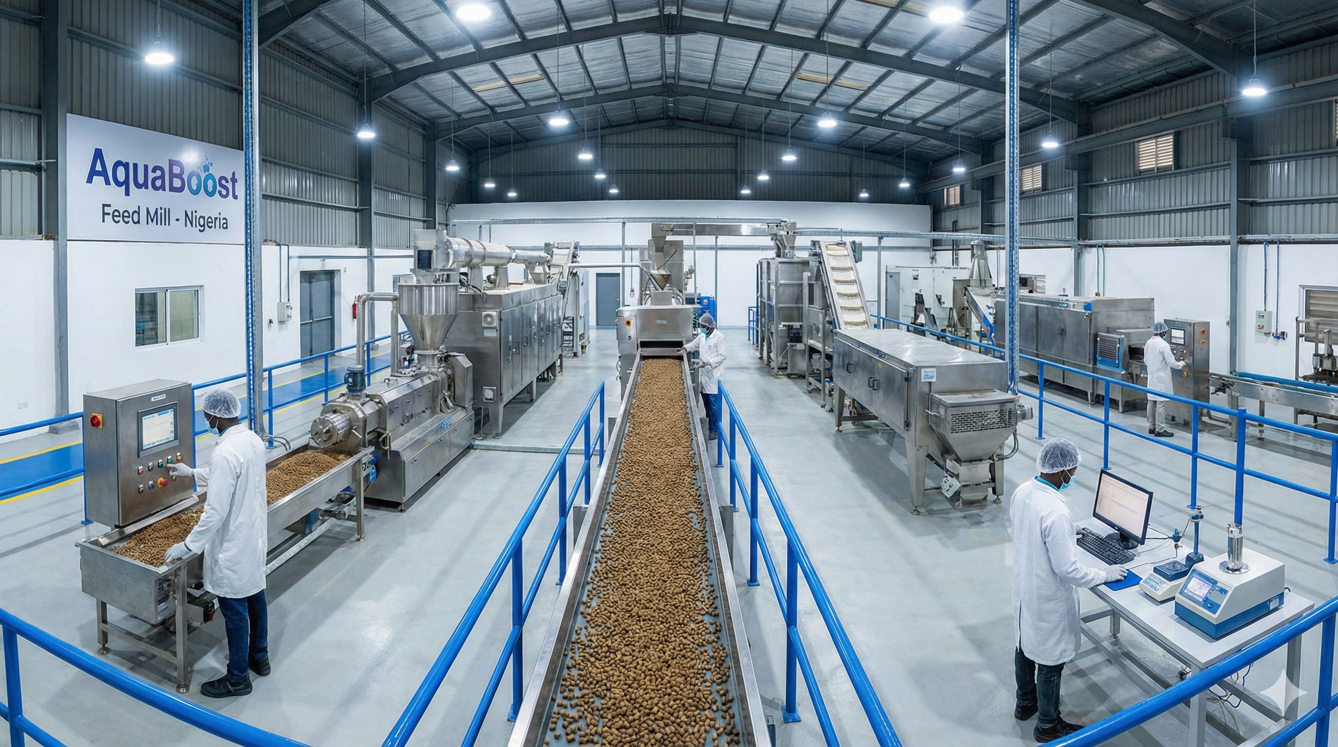 AquaBoost fish feed production facility showing modern manufacturing equipment and quality control stations